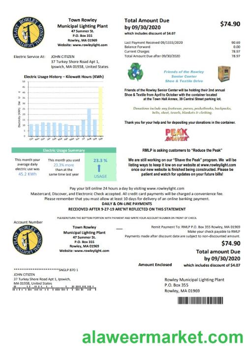 USA Massachusetts Town of Rowley Municipal Lighting Plant electricity utility bill template in Word and PDF format